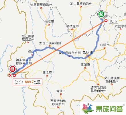 云南魯?shù)榈饺瘥愔本€距離670公里，車(chē)程1048公里，乘車(chē)時(shí)間28小時(shí)。
